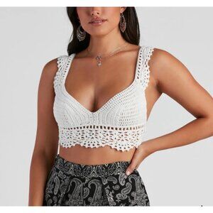 Rebellion Again Beaded/ Crop Ivory Top Boho Crochet L NWT
